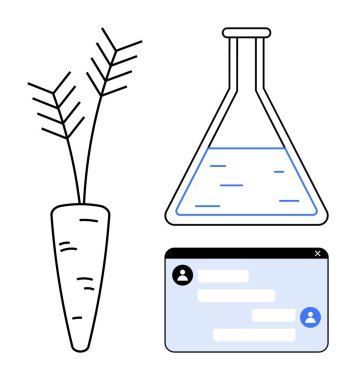 Yapraklı havuç, sıvılı laboratuvar şişesi ve sohbet penceresi. Çiftçilik, sürdürülebilirlik, araştırma, yenilik, teknoloji işbirliği eğitimi için idealdir. Basit bir iniş sayfası için mükemmel.