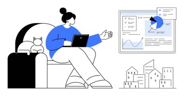 Tabletli bir kişi, bir kedi, dijital grafikler ve şehir manzarası ile çevrili analitiği tartışıyor. Üretim için ideal, uzak çalışma, teknoloji, yaşam tarzı, tasarım eğitimi için basit iniş sayfası