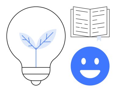 Bitkiyi sembolize eden bir ampul, eğitim için açık bir kitap, ve pozitiflik için mavi mutlu yüz. Sürdürülebilirlik, öğrenme, mutluluk, yaratıcılık, çevre konuları için ideal