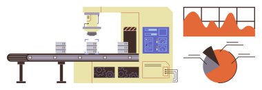 Üretim verileri ve metriklerin yer aldığı analitik çizelgeler eşliğinde, robot ekipman işleme aletleriyle endüstriyel taşıyıcı. Otomasyon, teknoloji, üretim, verimlilik ve iş için ideal