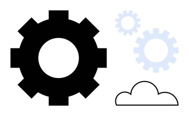 Daha küçük açık mavi vitesler ve basit bir bulut anahatının yanında büyük siyah dişliler. Teknoloji, takım çalışması, iletişim, yenilik, bulut hesaplama, sistemler ve dijital işlemler için idealdir. Basit.