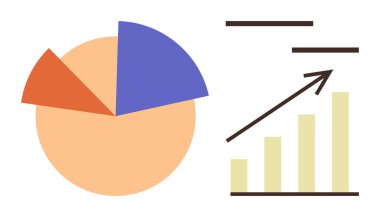 Yuvarlak pasta grafiği, yukarı doğru ok atarak büyümeyi ve ilerlemeyi sağlayan bir çubuk grafiğin yanında üç parçalı. Veri eğilimleri, iş analizi, finans, başarı, strateji ve yönetim için ideal