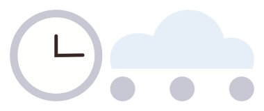 Bulut grafiğinin yanındaki saat zaman yönetimi, bulut hesaplaması, teknoloji, verimlilik, planlama, üretkenlik ve yenilik kavramlarına parmak basar. Dijital yenilik için ideal bilişim bulutu