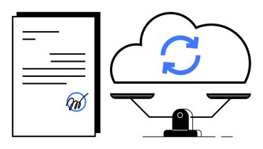 Dengeli ölçeklere yerleştirilmiş senkronize oklarla imzalı ve bulutlu bir belge. Yasal teknoloji, bulut sözleşmeleri, e-imza çözümleri, veri güvenliği, dijital anlaşmalar, teknoloji dengesi için ideal