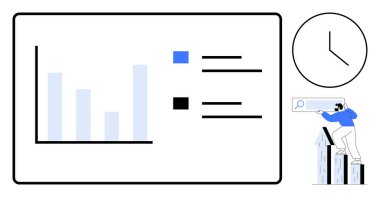 Çubuk grafiği, zamanı sembolize eden bir saat ve büyüme verilerini izleyen bir kişi. Veri analizi, zaman yönetimi, iş planlaması, strateji, ilerleme, üretkenlik için ideal