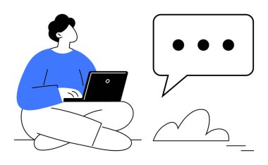 Yanında konuşma balonu olan bir dizüstü bilgisayar kullanarak bağdaş kurarak oturan biri. İletişim, mesajlaşma, çevrimiçi çalışma, uzaktan öğrenme, yaratıcılık, tartışma ve sosyal medya için ideal. Basit düz