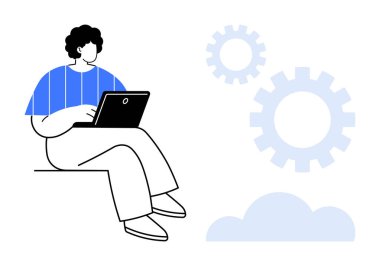 Çalışan, vitesli ve bulutlu bir dizüstü bilgisayarla oturan kişi. Teknoloji, yenilik, iş akışı, uzaktan çalışma, bağlantı, yaratıcılık gelişimi için ideal. Asgari ve basit düz metafor