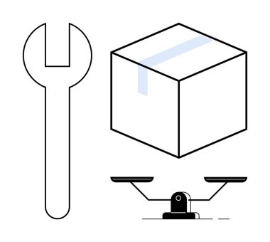 Anahtar, küp ve denge ölçeği onarım, ölçüm ve adil dağıtımı vurguluyor. Mühendislik, lojistik, aletler hassas eşitlik bakım optimizasyonu için idealdir. Basit bir düz metafor.
