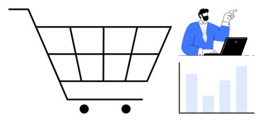 Bir dizüstü bilgisayardaki verileri analiz eden ve grafiklere işaret eden bir profesyonelin yanında alışveriş arabası. Ecommerce, piyasa araştırması, analitik, strateji, perakende, çevrimiçi iş için ideal, basit düz metafor