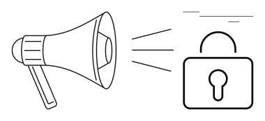 Hoparlör, güvenli iletişim, veri koruması ve gizliliği temsil eden bir asma kilide ses dalgaları gönderiyor. Siber güvenlik, şifreleme, gizlilik, erişim kontrolü ve dijital için ideal