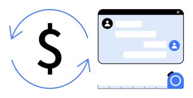 Dairesel oklardaki dolar işareti, profilli mesajlaşma penceresi ve ölçeği. Finans, iletişim, ticaret, kullanıcı deneyimi, takım çalışması, basit iniş sayfası için ideal
