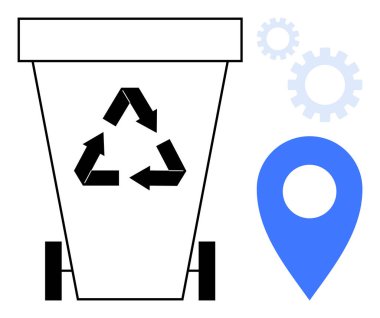 Geri dönüşüm sembolü, tekerlekler, dişliler ve çevre dostu atık imhası ve çevre sorumluluğunu destekleyen konum işaretleyicili geri dönüşüm kutusu. Sürdürülebilirlik, atık yönetimi ve ekoloji için ideal