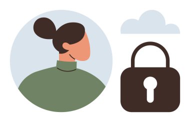 Kadın profili asma kilit ve bulutun yanında. Gizlilik, veri koruması, kimlik güvenliği, çevrimiçi güvenlik, şifreleme, kişisel hesap koruması, siber güvenlik için ideal. Basit düz metafor