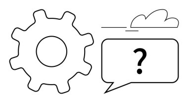 Üzerinde soru işareti ve bulut olan bir konuşma balonunun yanına git. Takım çalışması, problem çözme, yenilik, iletişim, beyin fırtınası, teknik tartışmalar, eleştirel düşünme için ideal. Basit bir daire.