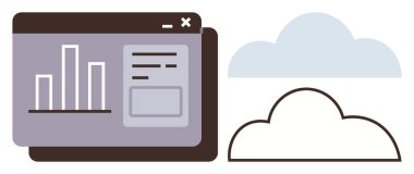 Bulut simgelerinin yanında çizelgeler olan analitik gösterge ekranı. Veri depolama, iş anlayışı, bulut hesaplama, SaaS, teknoloji, veri görselleştirme, modern analiz, basit düz metafor