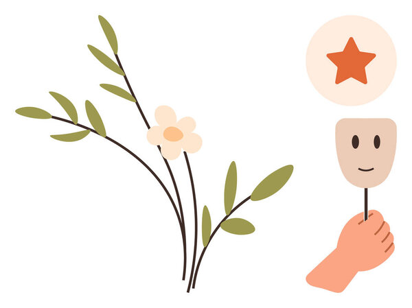 Рука держа счастливую маску, цветочная ветвь с нежным белым цветком, знак красной звезды в кругу вызывают самовыражение, психическое здоровье, успех, природа, радость, творчество и личностный рост. Идеал