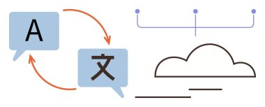 Oklarla birbirine bağlı dil harfleriyle konuşma baloncukları çeviri öneriyor. Bağlı bulut dijital ya da uzak işleme işaret eder. Küresel iletişim, teknoloji, çeviri, ağ kurmak için ideal