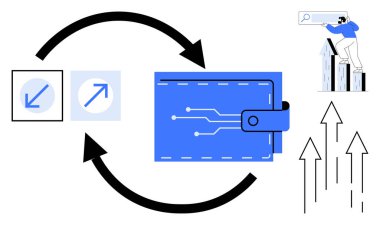 İşlem okları olan mavi cüzdan, büyüme göstergeleri ve arama çubuğu kullanan kişi. Finans, yatırım, fintech, dijital ödemeler, analitik e-ticaret minimalizmi için ideal. Basit düz