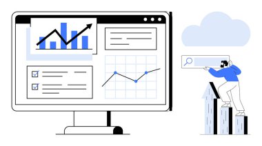 Grafikleri, çizelgeleri ve listeleri gösteren büyük bir monitör. Parmaklıkların üzerinde elinde arama çubuğu olan bir adam. Veri analizi, performans takibi, büyüme içgörüleri, iş stratejisi ve araştırma için ideal