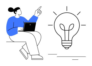 Dizüstü bilgisayarlı bir kadın, parlayan bir ampulü işaret ederek beyin fırtınasını, yeniliği, yaratıcılığı, problem çözmeyi, öğrenmeyi, iş stratejisini ve motivasyonu sembolize ediyor. Basit bir düz metafor.