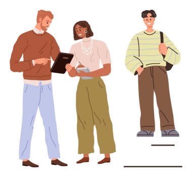 İki kişi notlar ve tabletle tartışıyor, diğeri de bir çantayla ayakta duruyor. Takım çalışması, eğitim, işbirliği, çeşitlilik, gençlik, iletişim için ideal, basit düz metafor