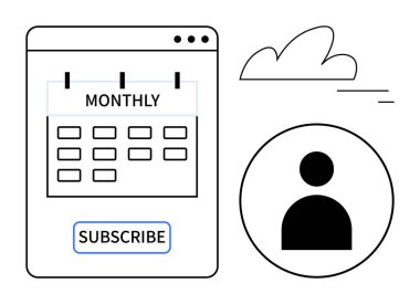 Aylık başlık, abonelik düğmesi, kullanıcı profili simgesi ve minimal bulut tasarımı takvimi. Üyelik hizmetleri, planlama, kullanıcı arayüzleri, zamanlama, iş modelleri pazarlama için ideal