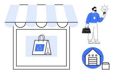 İçinde geri dönüşüm sembolü olan bir alışveriş çantası, elinde ampul tutan bir adam ve bir depo ikonu olan bir mağaza önü. Ekomünikasyon, sürdürülebilirlik, perakende, yenilik, lojistik, fikirler için ideal