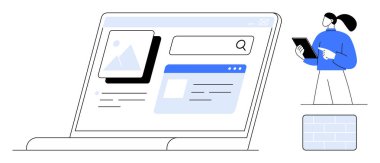 Arama çubuklu dizüstü bilgisayar, resim önizlemesi, içerik düzeni ve tablet tutan profesyonel. Teknoloji, arama optimizasyonu, web tasarımı, dijital pazarlama, iş stratejisi e-ticaret için ideal