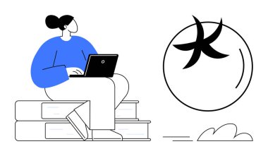 Dizüstü bilgisayarında yazan bir yığın kitabın üzerine oturmuş, balık burcuna dikkatlice bakan bir kadın. Astroloji, öğrenme, kendini keşfetme, hayal gücü, maneviyat, eğitim, minimalist sanat için ideal