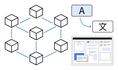 Bir engelleme ağı, dil sembollü çeviri iş akışı ve web arayüzü tasarımını temsil eden bağlı bloklar. Teknoloji, engelleme zinciri, çeviri, ağ geliştirme için ideal