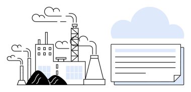Çevre kirliliğini, çevresel verileri ve sürdürülebilirliği temsil eden bir dijital bulut ikonu ile birlikte duman yayan fabrika. İklim değişikliği, enerji, teknoloji, çevre araştırması ve politika için ideal