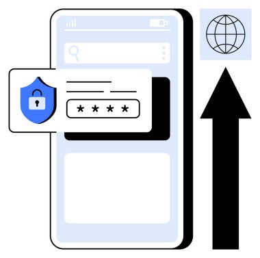 Güvenli giriş bilgilerine sahip akıllı telefon arayüzü, kalkan amblemi, ilerlemeyi simgeleyen yukarı doğru ok ve dünya simgesi. Siber güvenlik, mobil güvenlik, veri gizliliği, çevrimiçi güvenlik, küresel