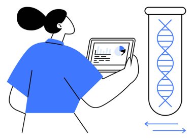 Tablet ekranında DNA çift sarmal yapısı olan bir test tüpü olan çizelgeleri inceleyen kişi. Araştırma, genetik, biyoteknoloji, bilim, veri analizi, yenilik ve eğitim için ideal. Basit.