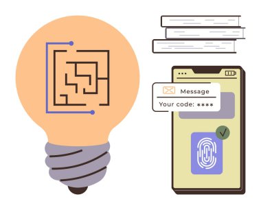 Devreli ampul, cep telefonu, parmak izi doğrulaması, şifre metni, kitap yığını. Siber güvenlik, eğitim, yenilik, teknoloji, gizlilik kimlik doğrulaması için ideal
