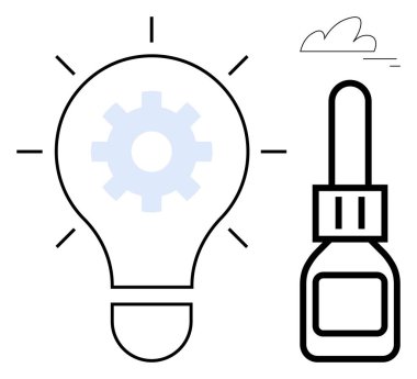 Teçhizatlı ampul ve temiz arka planda yapıştırıcı şişesi. Yaratıcılık, teknoloji, yenilik, çözümler, onarım, problem çözme ve basit iniş sayfası için ideal