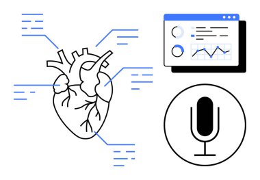 Anatomik kalp ana hatları analitik gösterge paneli ve mikrofon ile sağlık izleme için. Sağlık, teknoloji, bilim, yenilik, kardiyoloji, teletıp, basit iniş sayfası için ideal