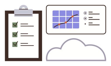 Kontrol listeli pano, grafikli analitik gösterge paneli, ambarı gösteren bulut çizgisi. Üretkenlik, bulut hesaplama, analitik, takım çalışması, görev planlaması, iş akışı geliştirme için ideal