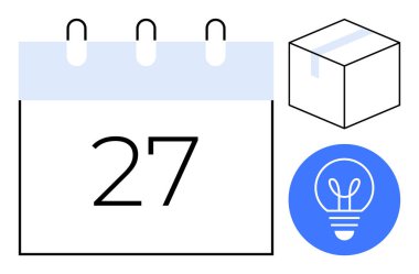 27. tarihli takvim, basit bir kutu ve çemberin içinde parlayan ampul. Program, planlama, yenilik, lojistik, teslim tarihleri, verimlilik için ideal basit iniş sayfası