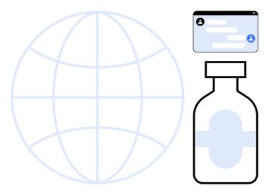 İlaç şişesi ve sohbet arayüzü olan dünya sembolü. Küresel sağlık, teletıp, dijital iletişim, ilaç araştırması, aşı, halk sağlığı, basit iniş sayfası için ideal