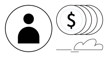 Koyu renk kullanıcı simgesi dolar işaretli bozuk paraların yanında dairesel bir çerçevede ve minimum bulut elementinin yanında. Finans, iş, profil, tasarruf, ekonomi, yatırım, basit daire için ideal