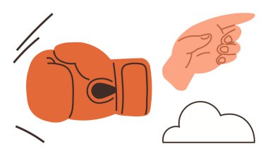 Boks eldiveni hareket halinde, eli işaret ediyor, ve bulut çizgisi. Çatışma, karar verme, rekabet, takım çalışması, problem çözen liderlik spor kavramları için idealdir. Basit düz