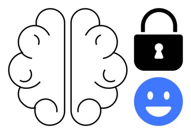 İnsan beyninin siyah çizgisi, korunmayı gösteren siyah asma kilit, ve mutluluğu çağrıştıran mavi mutlu yüz. Ruh sağlığı, siber güvenlik, pozitiflik, yenilik, güven, duygusal