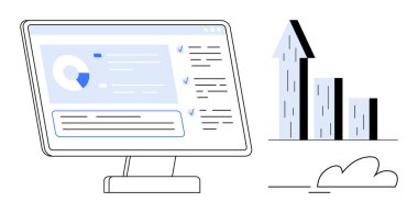 Bilgisayar ekranı analitik gösterge panelini yukarı doğru büyüme çubuğu grafiğinin yanında çizelgeler ve kontrol listeleriyle gösteriyor. Analiz, iş büyümesi, performans, planlama, üretkenlik, raporlar için ideal, basit