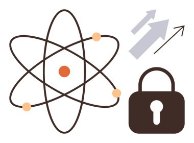 Yörüngede dönen elektronları olan atom modeli, büyümeyi sembolize eden yukarı doğru oklar ve güvenlik için asma kilit. Bilim için ideal, veri koruması, yenilik, teknoloji, siber güvenlik, eğitim için basit bir daire