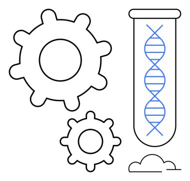 DNA ipliği iki mekanik dişlinin yanında, yenilik ve biyoteknoloji süreçlerini sembolize ediyor. Bilim, yenilik, genetik mühendislik, biyoteknoloji, araştırma, takım çalışması için ideal, basit
