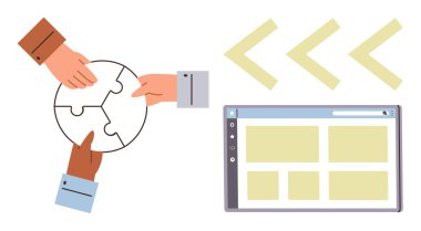 Eller bulmaca parçalarını birbirine bağlar takım çalışmasını sembolize eder, yanında navigasyonu gösteren oklarla birlikte. İşbirliği, problem çözme, kullanıcı arayüzü, takım çalışması, dijital araçlar için ideal