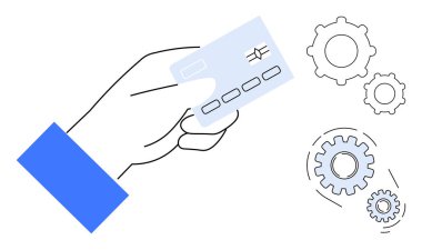 Birbirine bağlı vitesler eşliğinde bir kredi kartı tutuyor. Teknoloji, ödeme sistemleri, ticaret, finansal işlemler, otomasyon, fintech dijital dönüşüm için ideal. Basit düz