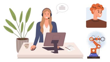 Kulaklık takan kadın ajan masa başında çalışıyor. Hem müşteri video görüşmesini hem de robotik süreci uzaktan yönetiyor. Teknoloji için ideal, müşteri desteği, otomasyon, çevrimiçi iletişim, yapay zeka entegrasyonu