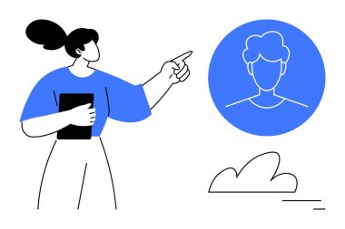 Tablet tutan bir kadın, mavi bir dairedeki profil görüntüsüne işaret ediyor, minimum bulut, temiz tasarım. Kullanıcı profili, teknik arayüz, iletişim, takım çalışması, kimlik etkileşimi için ideal basit