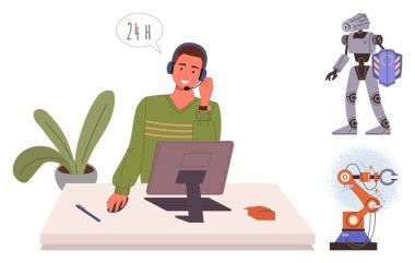 Masada çalışan kulaklıklı bir adam, kutu tutan bir robot, robot kolu yapan makineler. Teknoloji, otomasyon, müşteri hizmetleri, yapay zeka, robotik fütüristik kavramlar, iş hayatı dengesi için idealdir. Basit düz